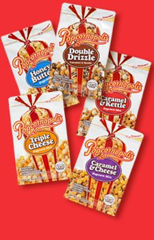 A picture of five gourmet pouches flavored with Caramel & Kettle, Honey Butter, Triple Cheese and Double Drizzle. With red background.