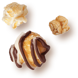 A picture of three kernels flavored Zebra®, Caramel Corn and Kettle Corn.