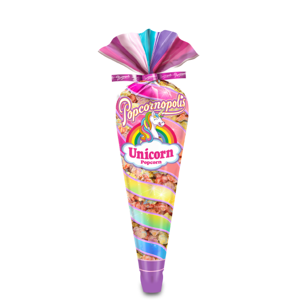 Pictured of a gourmet mini cone flavored Unicorn Popcorn®