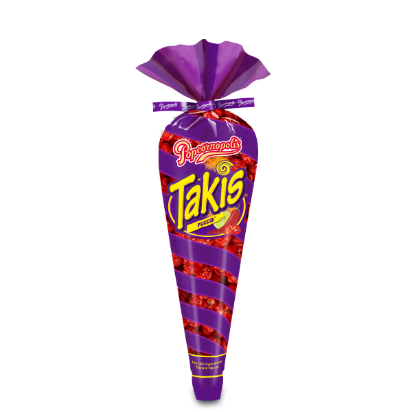 Picture of 1 gourmet popcorn. Flavored of Takis Fuego® tall Cones Net WT. 1.75oz. Spicy and Chile lime flavor.