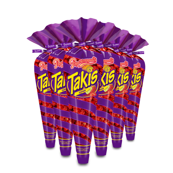 Picture of 6 gourmet popcorn cones. Flavored of Takis Fuego® tall Cones Net WT. 1.75oz.