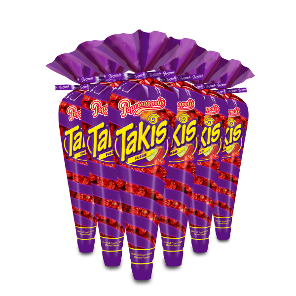 Picture of 6 gourmet popcorn cones. Flavored of Takis Fuego® tall Cones Net WT. 1.75oz.