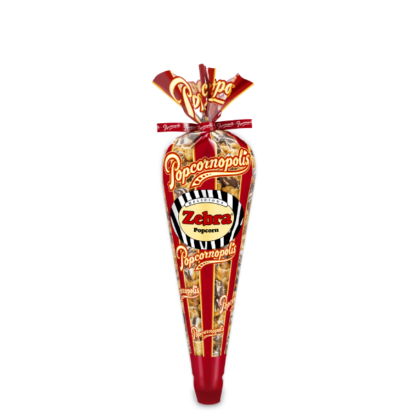 Pictured of a gourmet mini cone flavored Zebra® Popcorn cone.