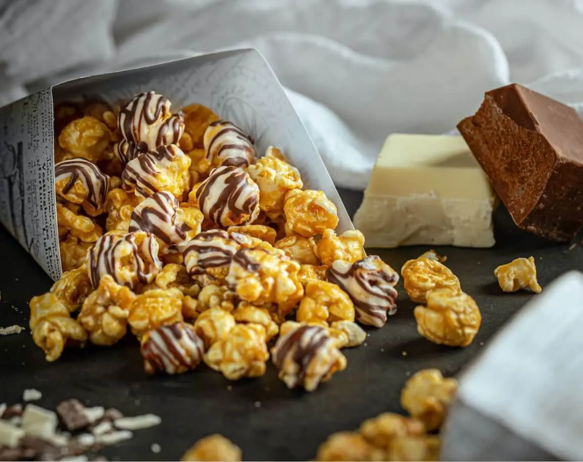A picture of Zebra® Popcorn kernel with white and dark chocolatey drizzle. A chuck of dark chocolate and white chocolate.