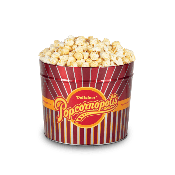 1.26 Gallon Tin with the Classic Stripe decoration filled with Kettle Corn gourmet popcorn