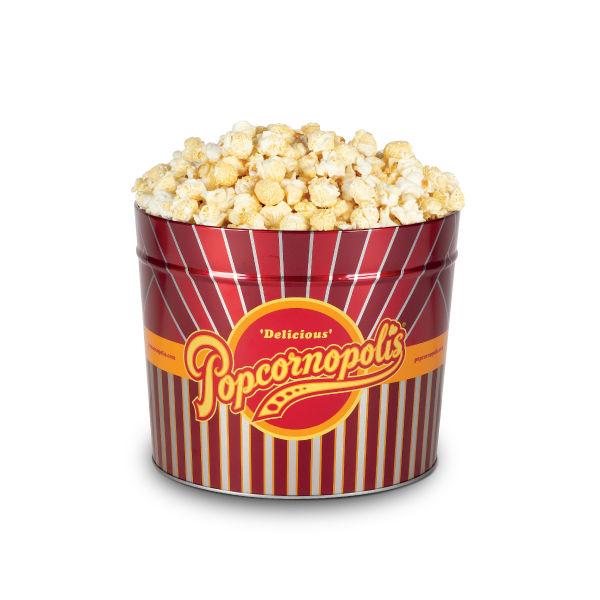 Picture of gourmet popcorn of the Classic Stripe 1.26 Gallon Tin with the filled with Kettle Corn gourmet popcorn.